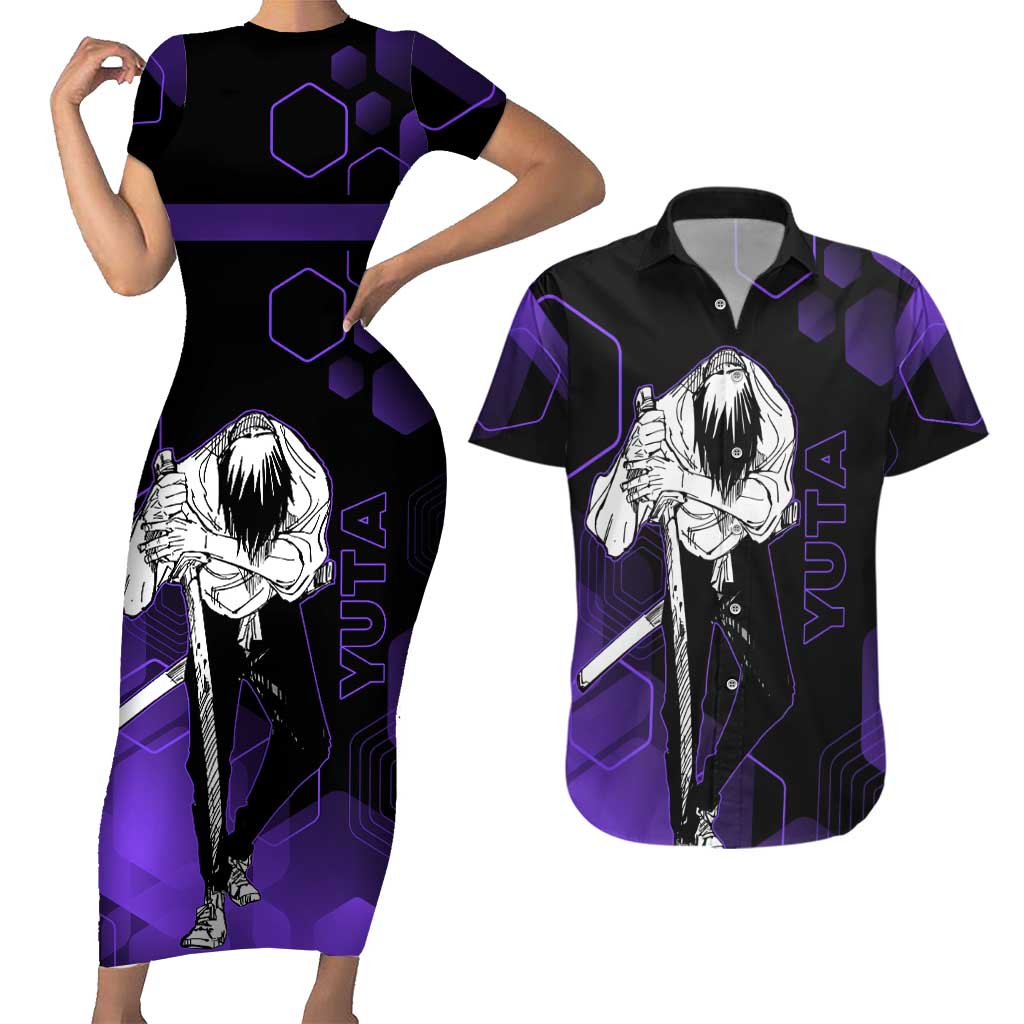 Yuta Okkotsu Jujutsu Kaisen Couples Matching Short Sleeve Bodycon Dress and Hawaiian Shirt Purple Hexagon Design - The Mazicc
