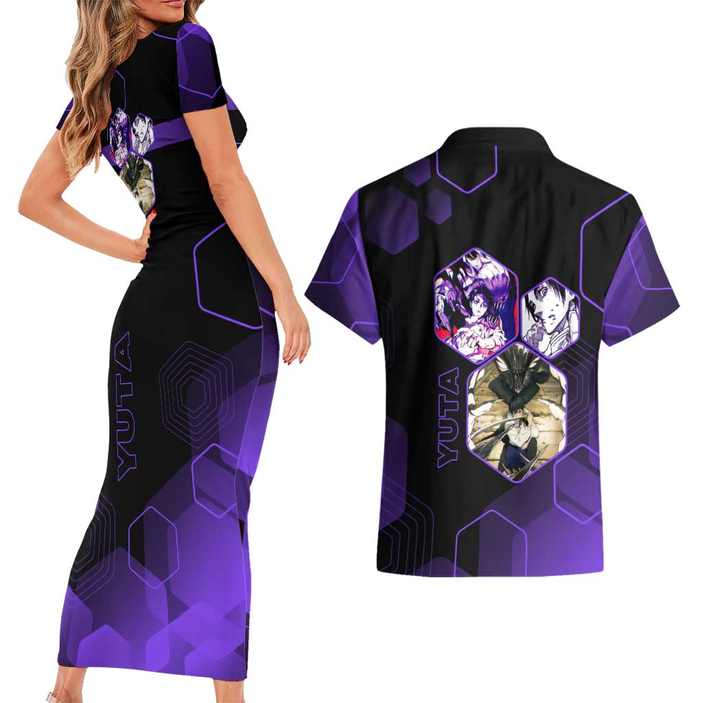Yuta Okkotsu Jujutsu Kaisen Couples Matching Short Sleeve Bodycon Dress and Hawaiian Shirt Purple Hexagon Design - The Mazicc