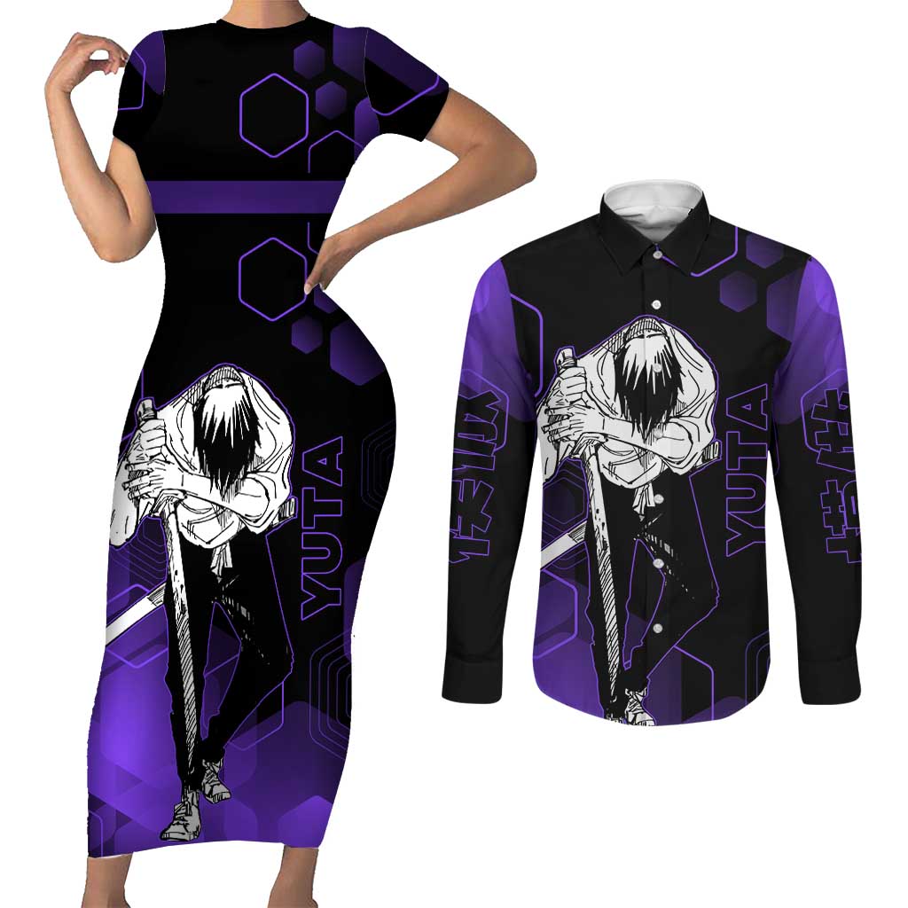 Yuta Okkotsu Jujutsu Kaisen Couples Matching Short Sleeve Bodycon Dress and Long Sleeve Button Shirt Purple Hexagon Design - The Mazicc
