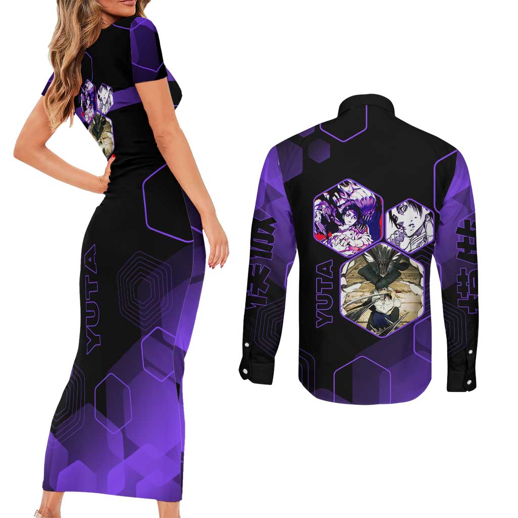 Yuta Okkotsu Jujutsu Kaisen Couples Matching Short Sleeve Bodycon Dress and Long Sleeve Button Shirt Purple Hexagon Design - The Mazicc