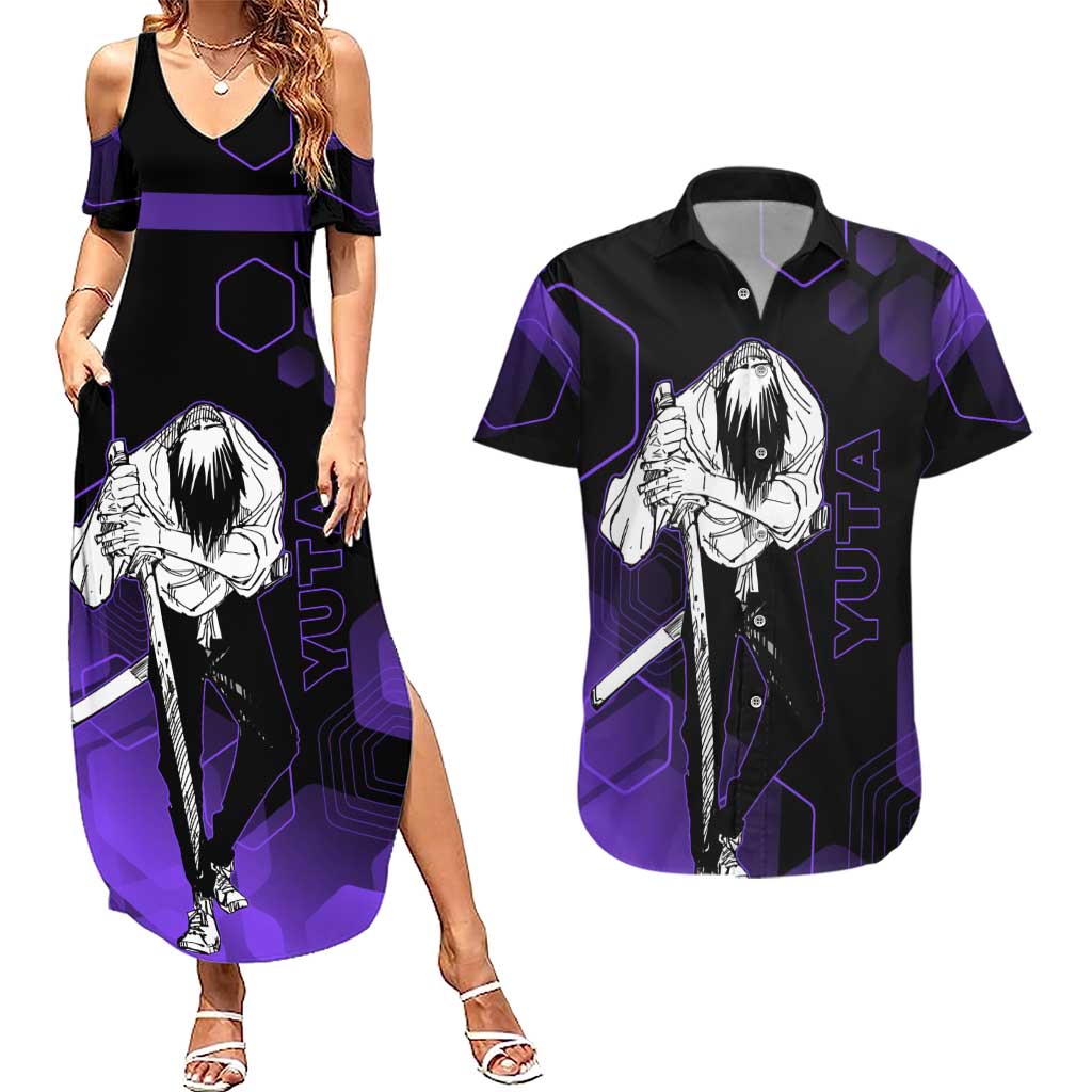 Yuta Okkotsu Jujutsu Kaisen Couples Matching Summer Maxi Dress and Hawaiian Shirt Purple Hexagon Design - The Mazicc