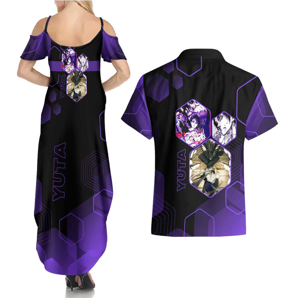 Yuta Okkotsu Jujutsu Kaisen Couples Matching Summer Maxi Dress and Hawaiian Shirt Purple Hexagon Design - The Mazicc