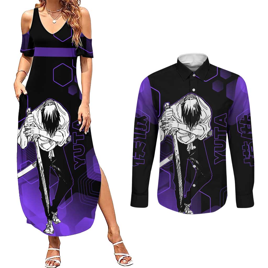 Yuta Okkotsu Jujutsu Kaisen Couples Matching Summer Maxi Dress and Long Sleeve Button Shirt Purple Hexagon Design - The Mazicc