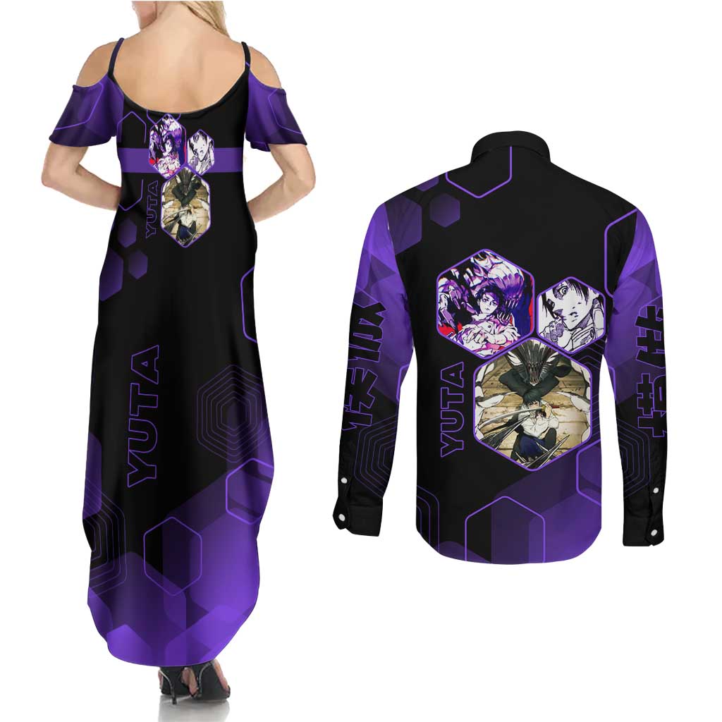Yuta Okkotsu Jujutsu Kaisen Couples Matching Summer Maxi Dress and Long Sleeve Button Shirt Purple Hexagon Design - The Mazicc