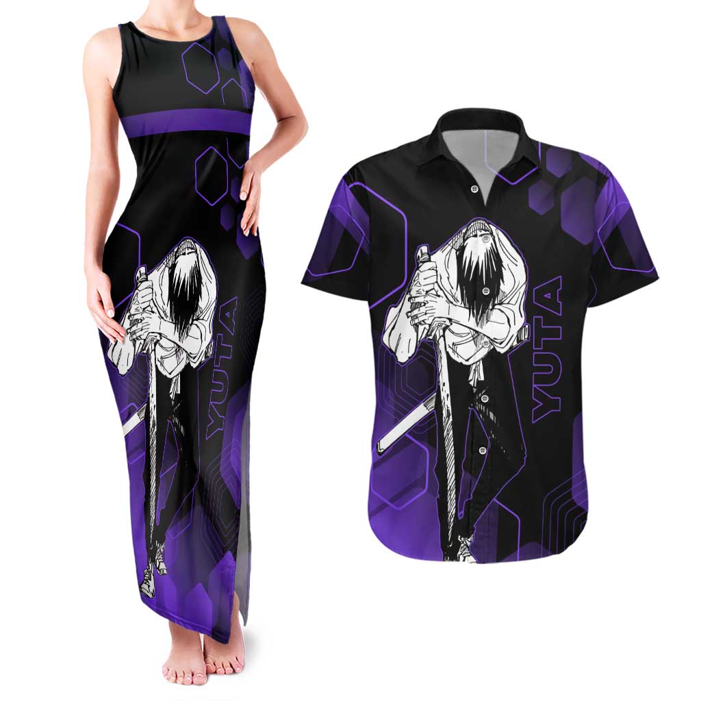 Yuta Okkotsu Jujutsu Kaisen Couples Matching Tank Maxi Dress and Hawaiian Shirt Purple Hexagon Design - The Mazicc
