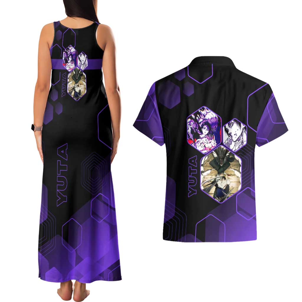 Yuta Okkotsu Jujutsu Kaisen Couples Matching Tank Maxi Dress and Hawaiian Shirt Purple Hexagon Design - The Mazicc
