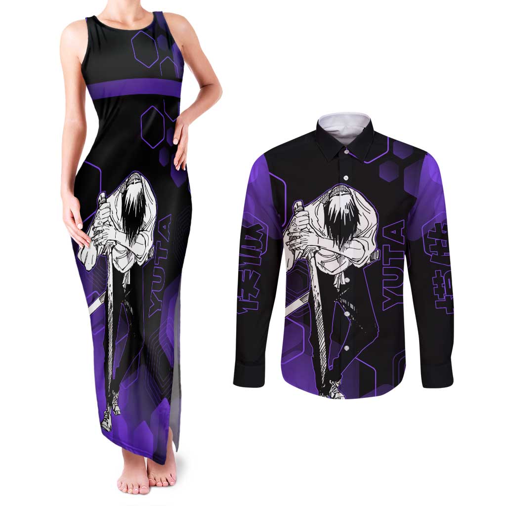 Yuta Okkotsu Jujutsu Kaisen Couples Matching Tank Maxi Dress and Long Sleeve Button Shirt Purple Hexagon Design - The Mazicc