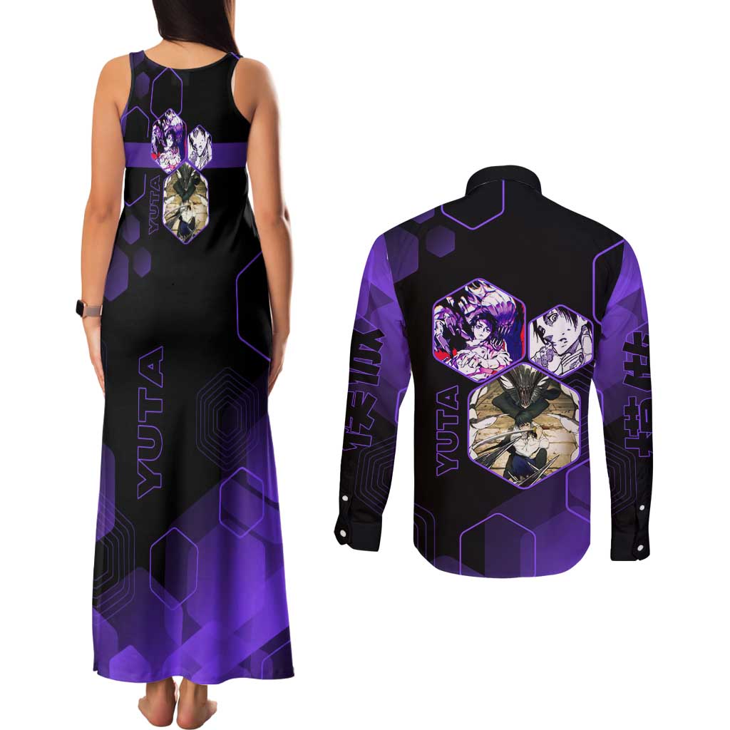Yuta Okkotsu Jujutsu Kaisen Couples Matching Tank Maxi Dress and Long Sleeve Button Shirt Purple Hexagon Design - The Mazicc