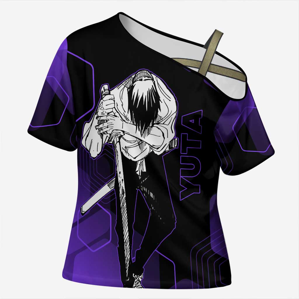 Yuta Okkotsu Jujutsu Kaisen Cross Shoulder Shirt Purple Hexagon Design - The Mazicc