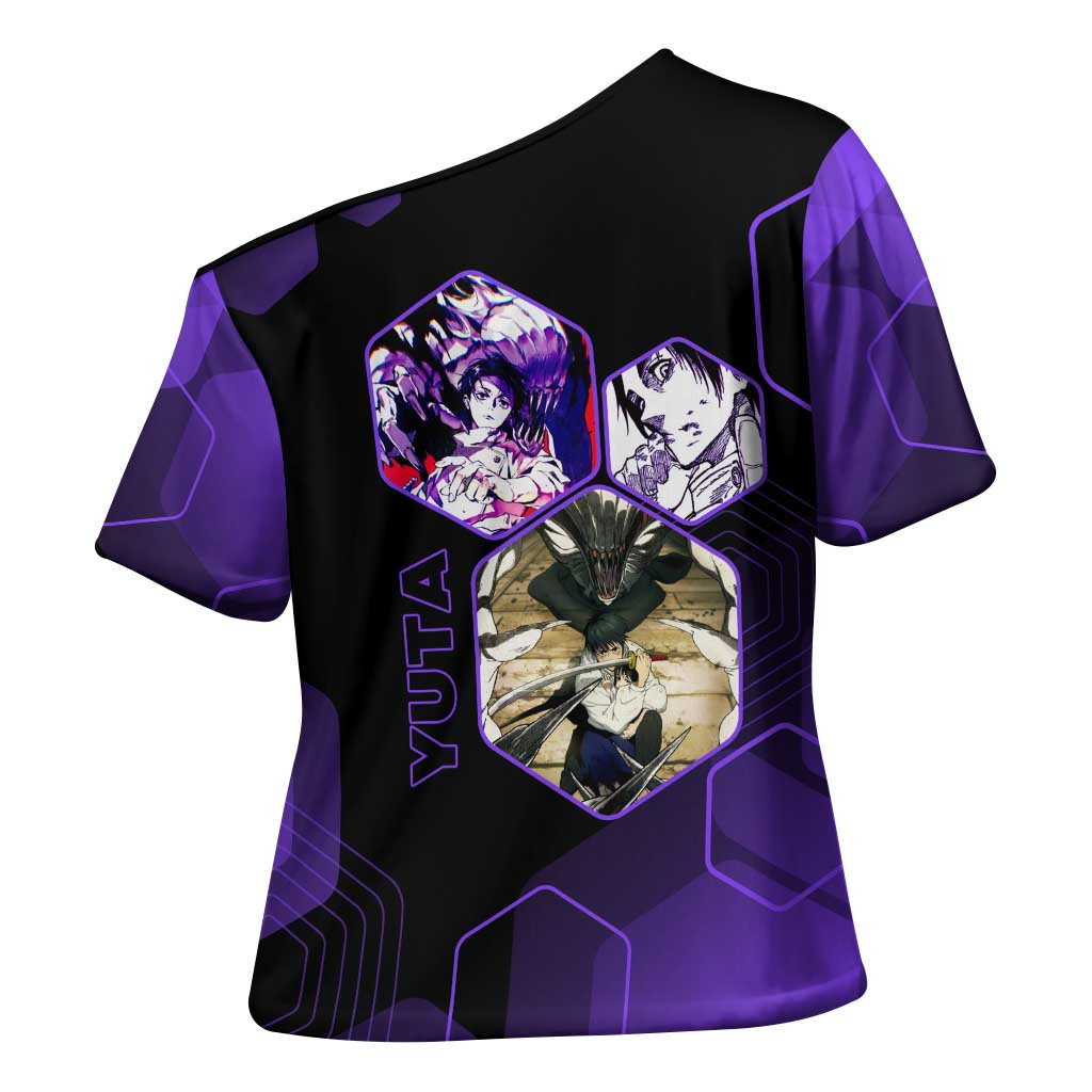 Yuta Okkotsu Jujutsu Kaisen Cross Shoulder Shirt Purple Hexagon Design - The Mazicc