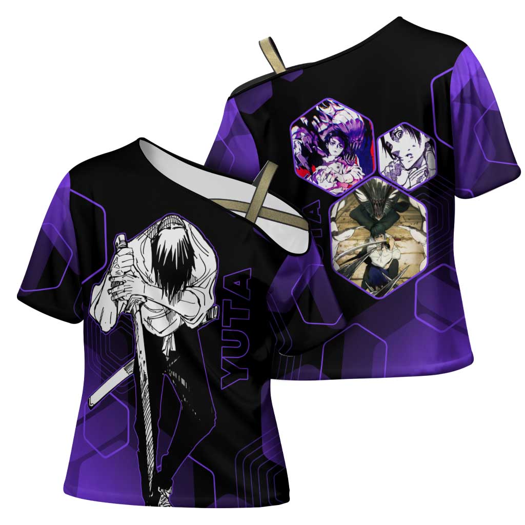 Yuta Okkotsu Jujutsu Kaisen Cross Shoulder Shirt Purple Hexagon Design - The Mazicc