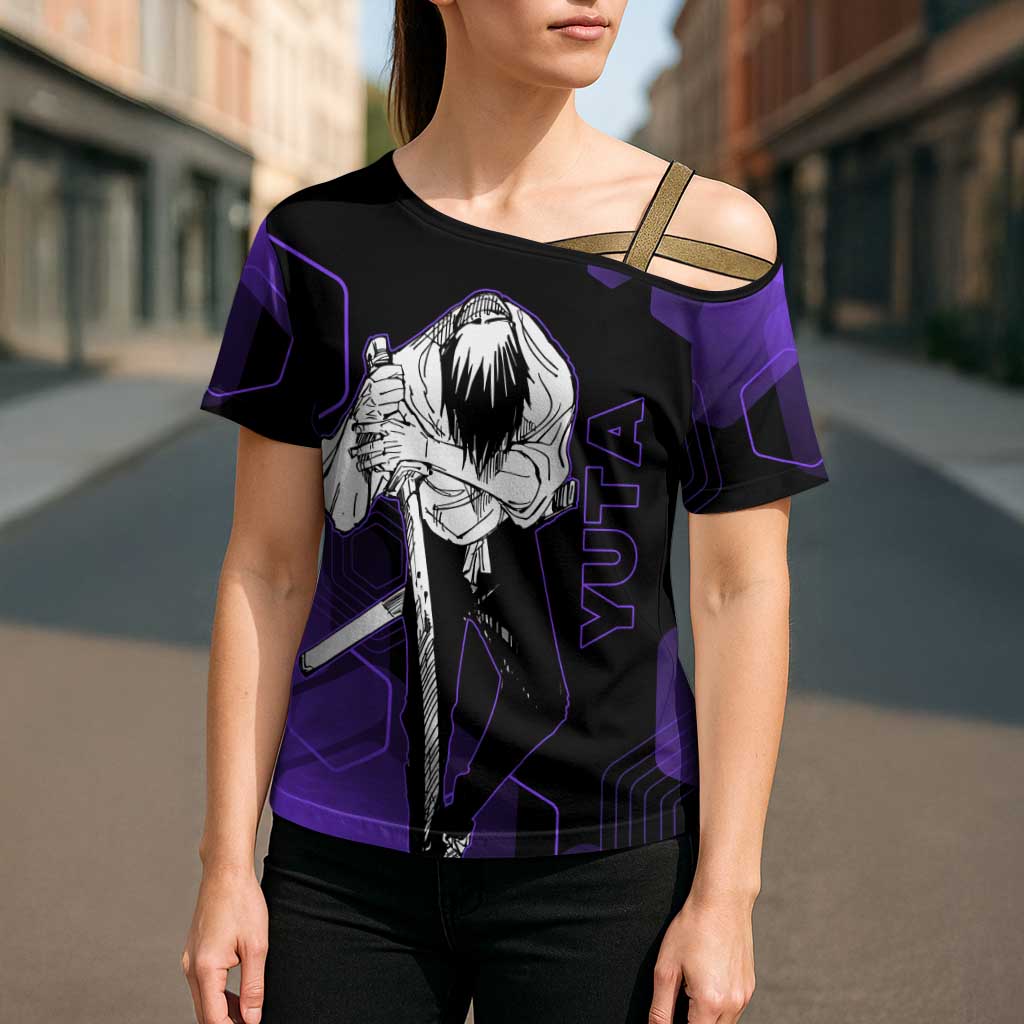 Yuta Okkotsu Jujutsu Kaisen Cross Shoulder Shirt Purple Hexagon Design - The Mazicc