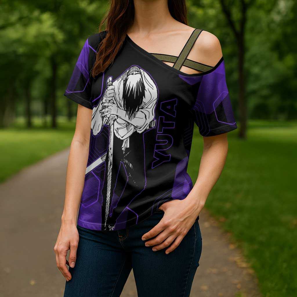 Yuta Okkotsu Jujutsu Kaisen Cross Shoulder Shirt Purple Hexagon Design - The Mazicc