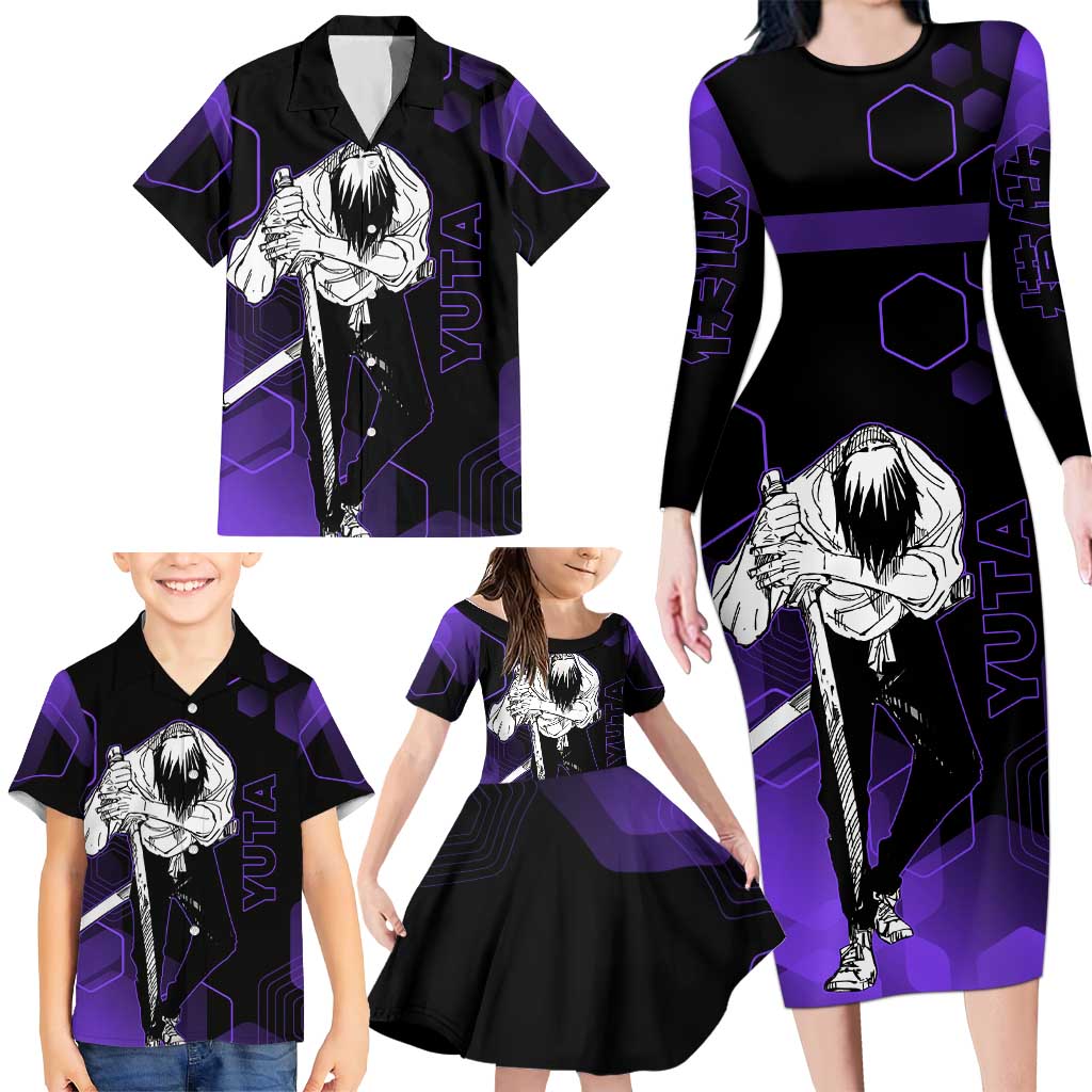 Yuta Okkotsu Jujutsu Kaisen Family Matching Long Sleeve Bodycon Dress and Hawaiian Shirt Purple Hexagon Design