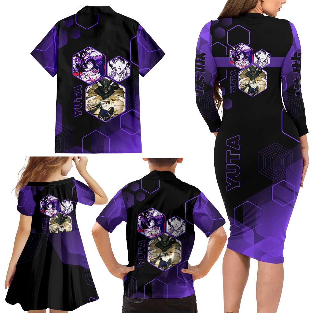 Yuta Okkotsu Jujutsu Kaisen Family Matching Long Sleeve Bodycon Dress and Hawaiian Shirt Purple Hexagon Design