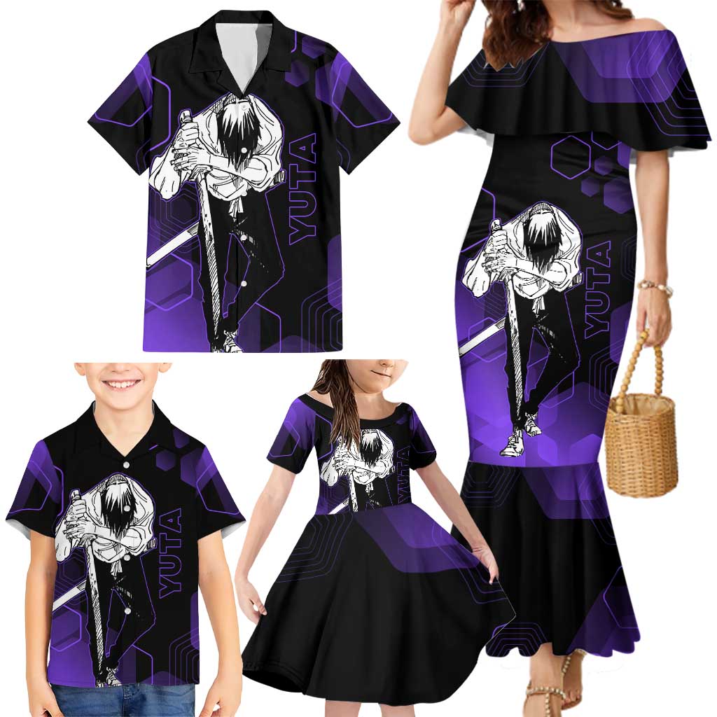 Yuta Okkotsu Jujutsu Kaisen Family Matching Mermaid Dress and Hawaiian Shirt Purple Hexagon Design