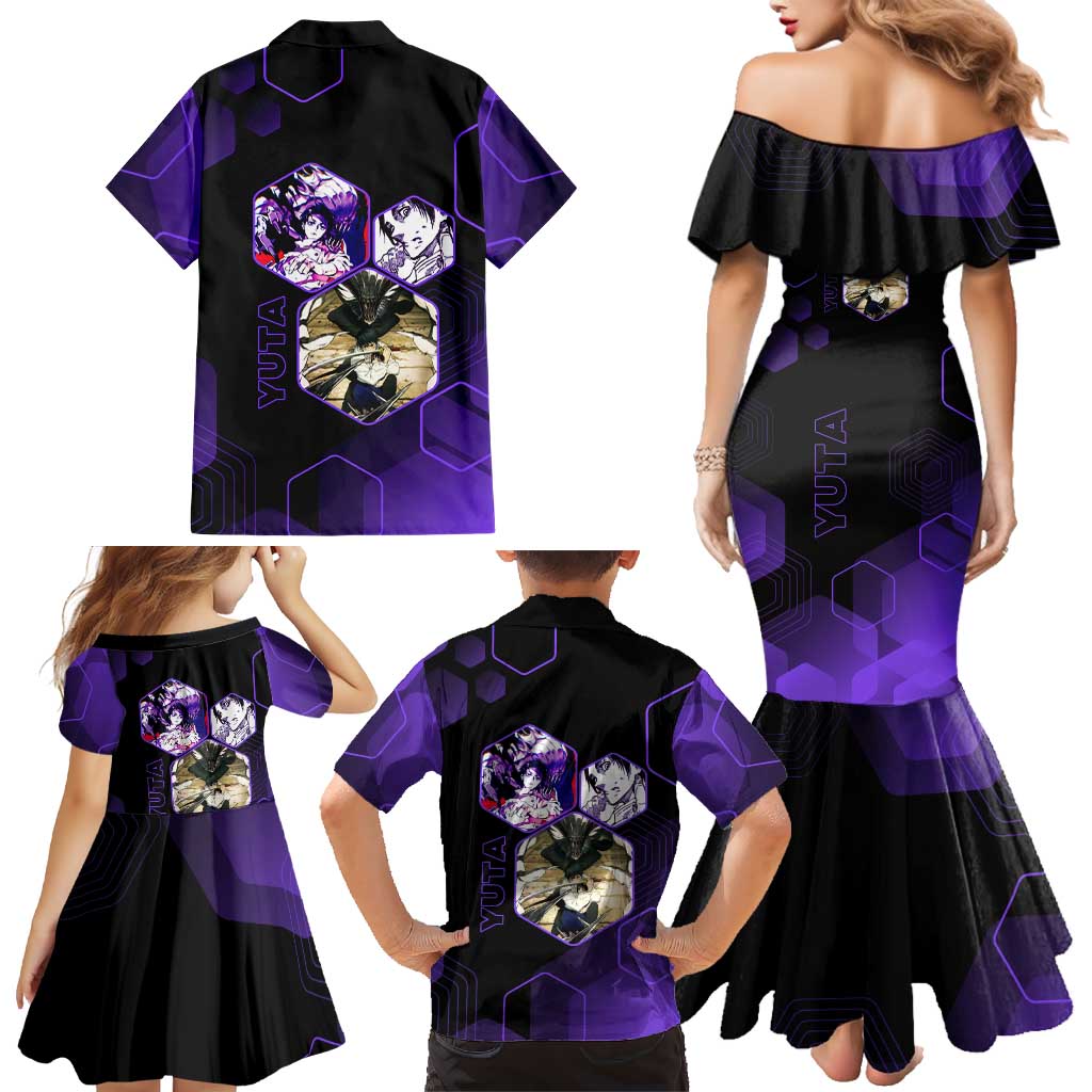 Yuta Okkotsu Jujutsu Kaisen Family Matching Mermaid Dress and Hawaiian Shirt Purple Hexagon Design