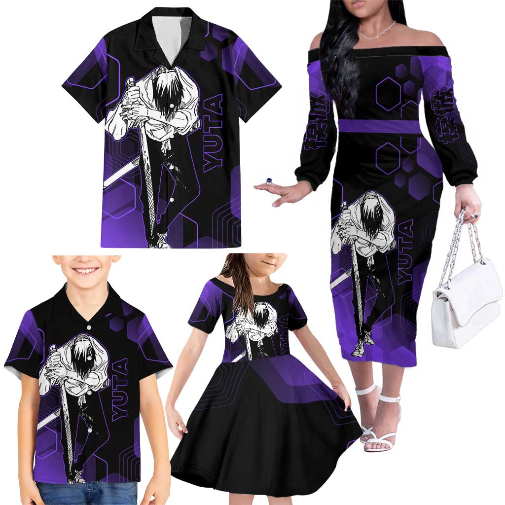 Yuta Okkotsu Jujutsu Kaisen Family Matching Off The Shoulder Long Sleeve Dress and Hawaiian Shirt Purple Hexagon Design