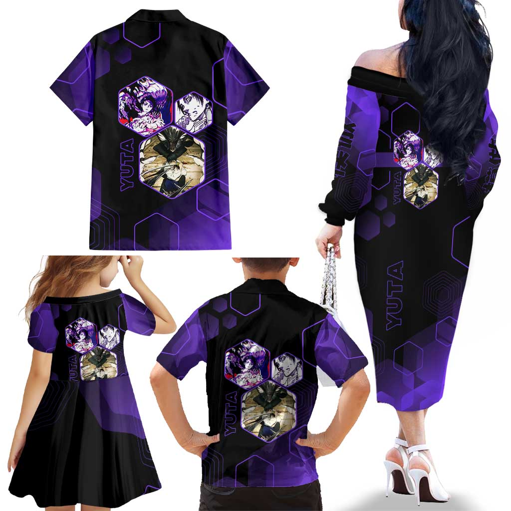 Yuta Okkotsu Jujutsu Kaisen Family Matching Off The Shoulder Long Sleeve Dress and Hawaiian Shirt Purple Hexagon Design