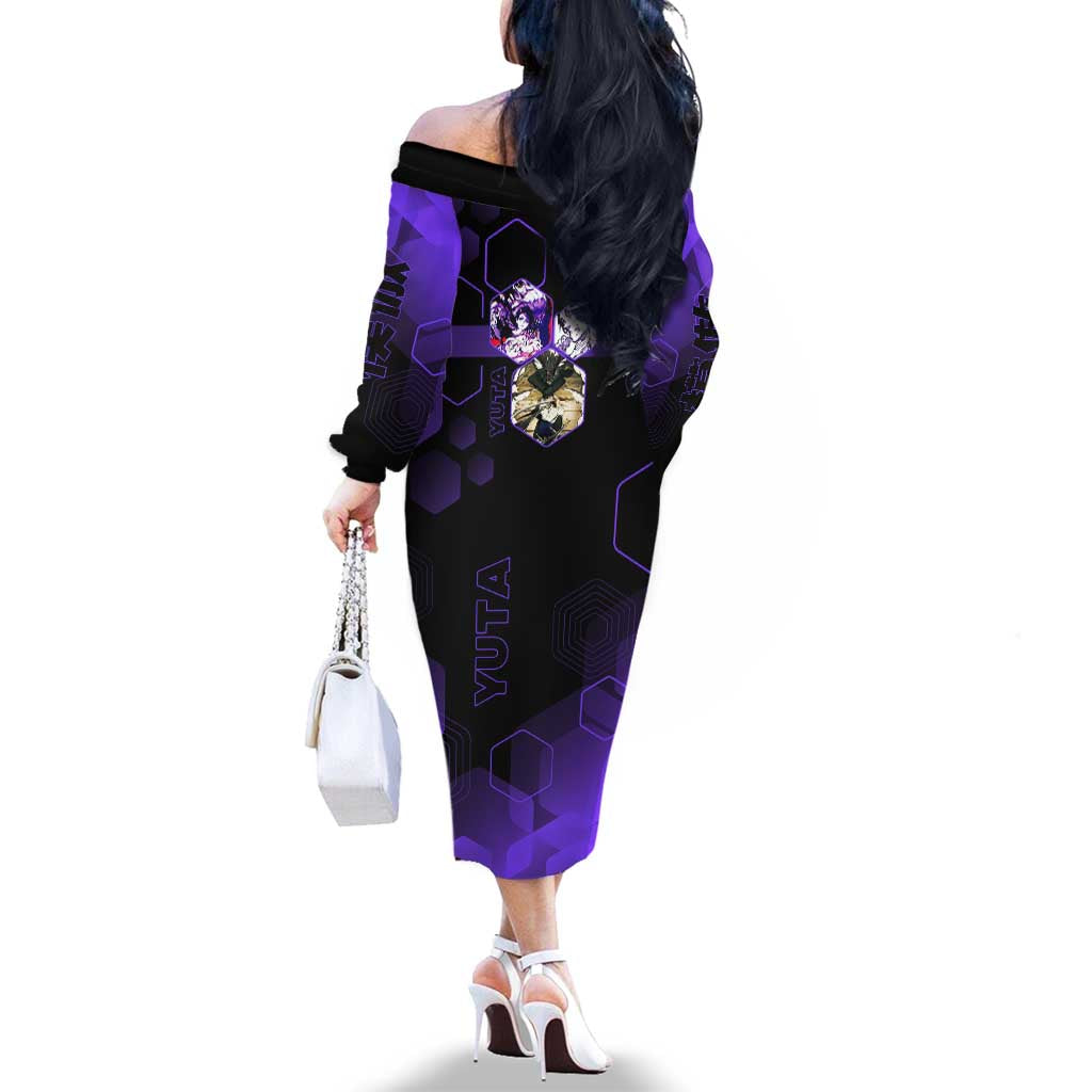 Yuta Okkotsu Jujutsu Kaisen Family Matching Off The Shoulder Long Sleeve Dress and Hawaiian Shirt Purple Hexagon Design