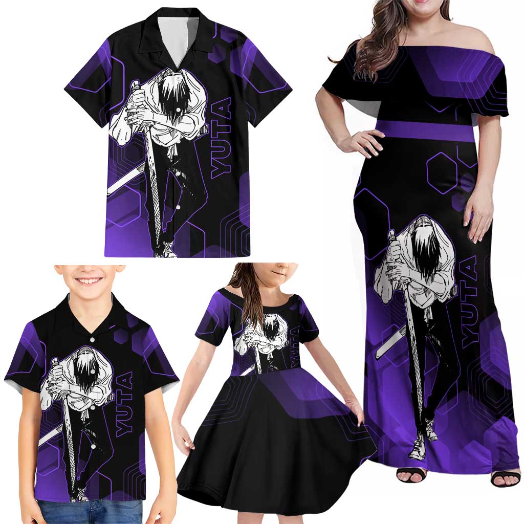 Yuta Okkotsu Jujutsu Kaisen Family Matching Off Shoulder Maxi Dress and Hawaiian Shirt Purple Hexagon Design
