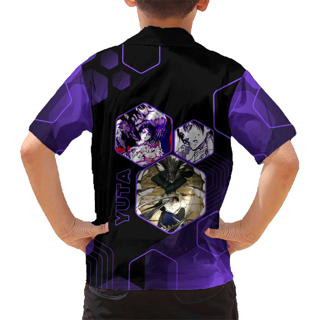 Yuta Okkotsu Jujutsu Kaisen Family Matching Off Shoulder Maxi Dress and Hawaiian Shirt Purple Hexagon Design