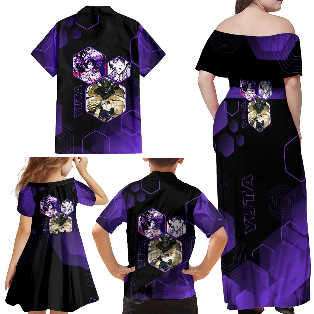 Yuta Okkotsu Jujutsu Kaisen Family Matching Off Shoulder Maxi Dress and Hawaiian Shirt Purple Hexagon Design
