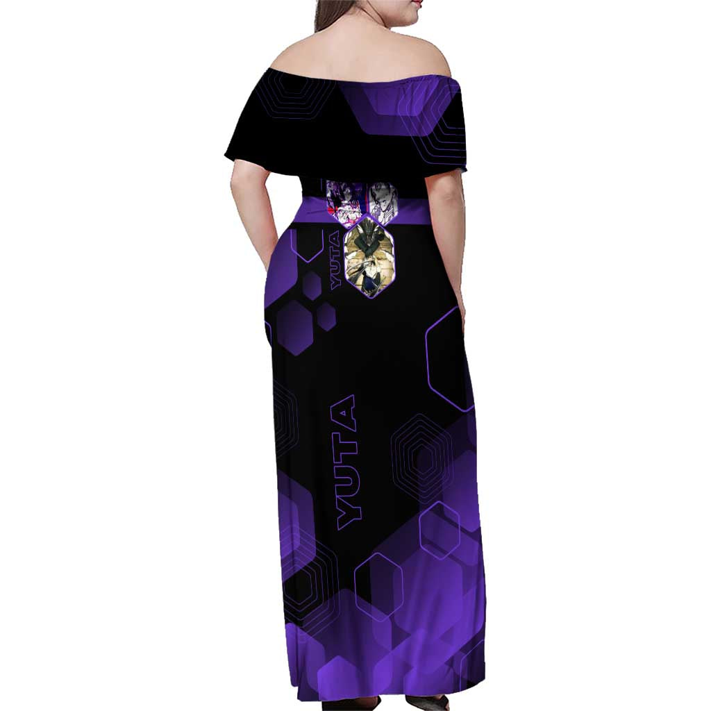 Yuta Okkotsu Jujutsu Kaisen Family Matching Off Shoulder Maxi Dress and Hawaiian Shirt Purple Hexagon Design
