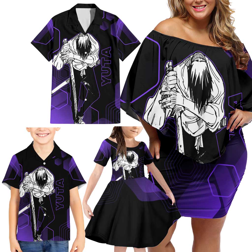 Yuta Okkotsu Jujutsu Kaisen Family Matching Off Shoulder Short Dress and Hawaiian Shirt Purple Hexagon Design
