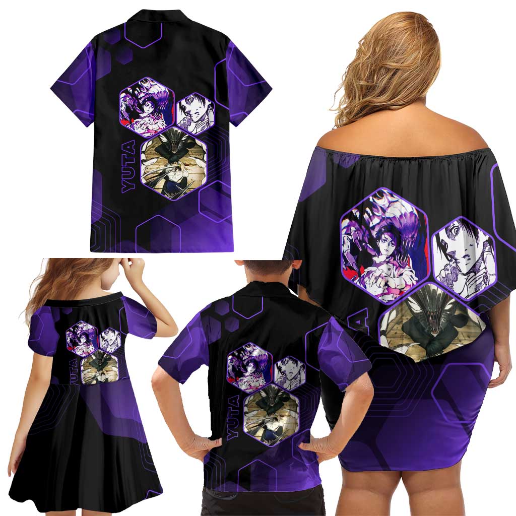 Yuta Okkotsu Jujutsu Kaisen Family Matching Off Shoulder Short Dress and Hawaiian Shirt Purple Hexagon Design