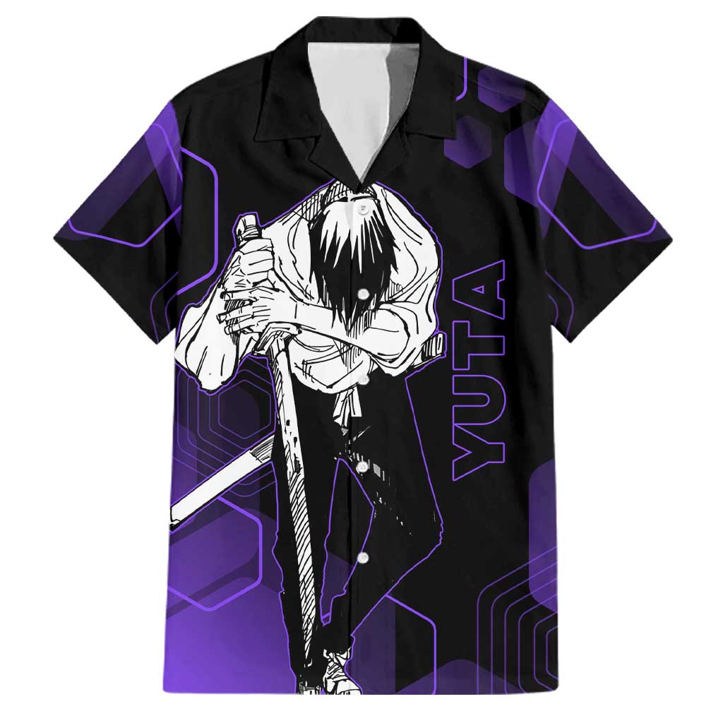 Yuta Okkotsu Jujutsu Kaisen Family Matching Off Shoulder Short Dress and Hawaiian Shirt Purple Hexagon Design