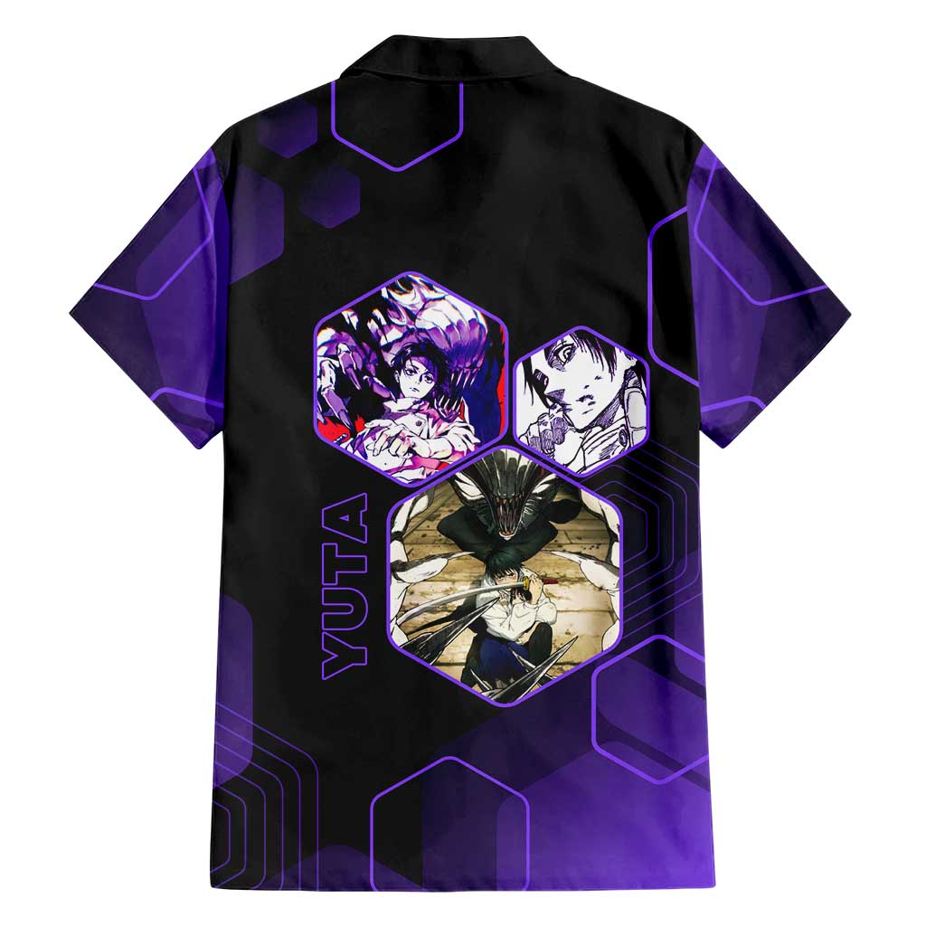 Yuta Okkotsu Jujutsu Kaisen Family Matching Off Shoulder Short Dress and Hawaiian Shirt Purple Hexagon Design