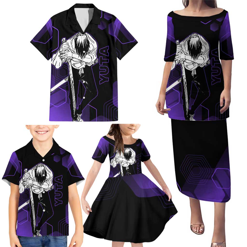 Yuta Okkotsu Jujutsu Kaisen Family Matching Puletasi and Hawaiian Shirt Purple Hexagon Design