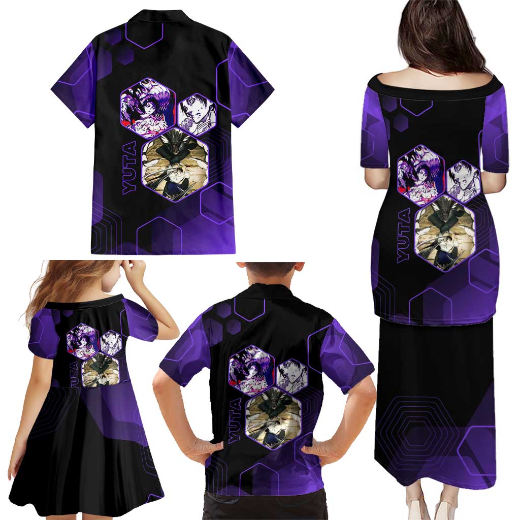 Yuta Okkotsu Jujutsu Kaisen Family Matching Puletasi and Hawaiian Shirt Purple Hexagon Design