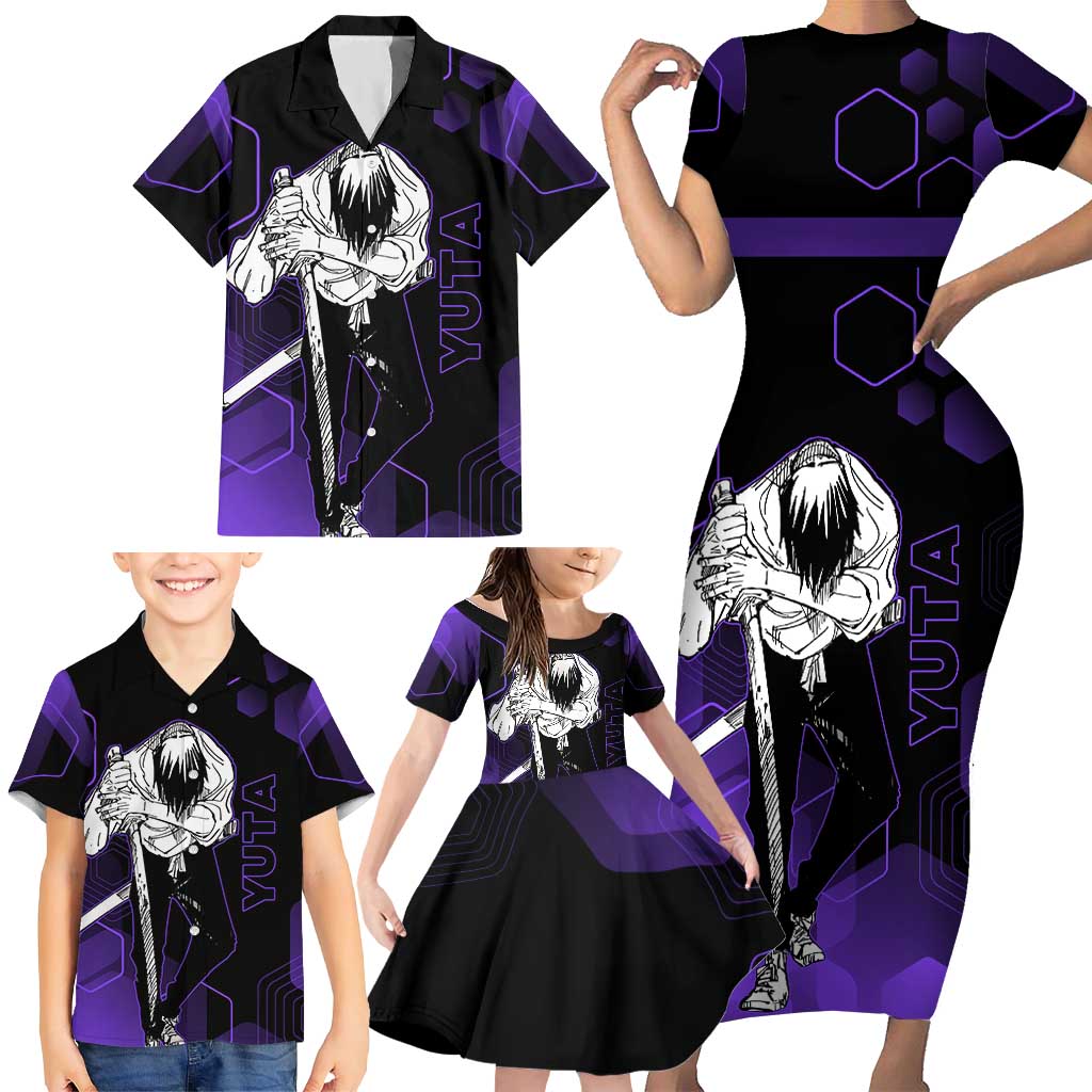 Yuta Okkotsu Jujutsu Kaisen Family Matching Short Sleeve Bodycon Dress and Hawaiian Shirt Purple Hexagon Design