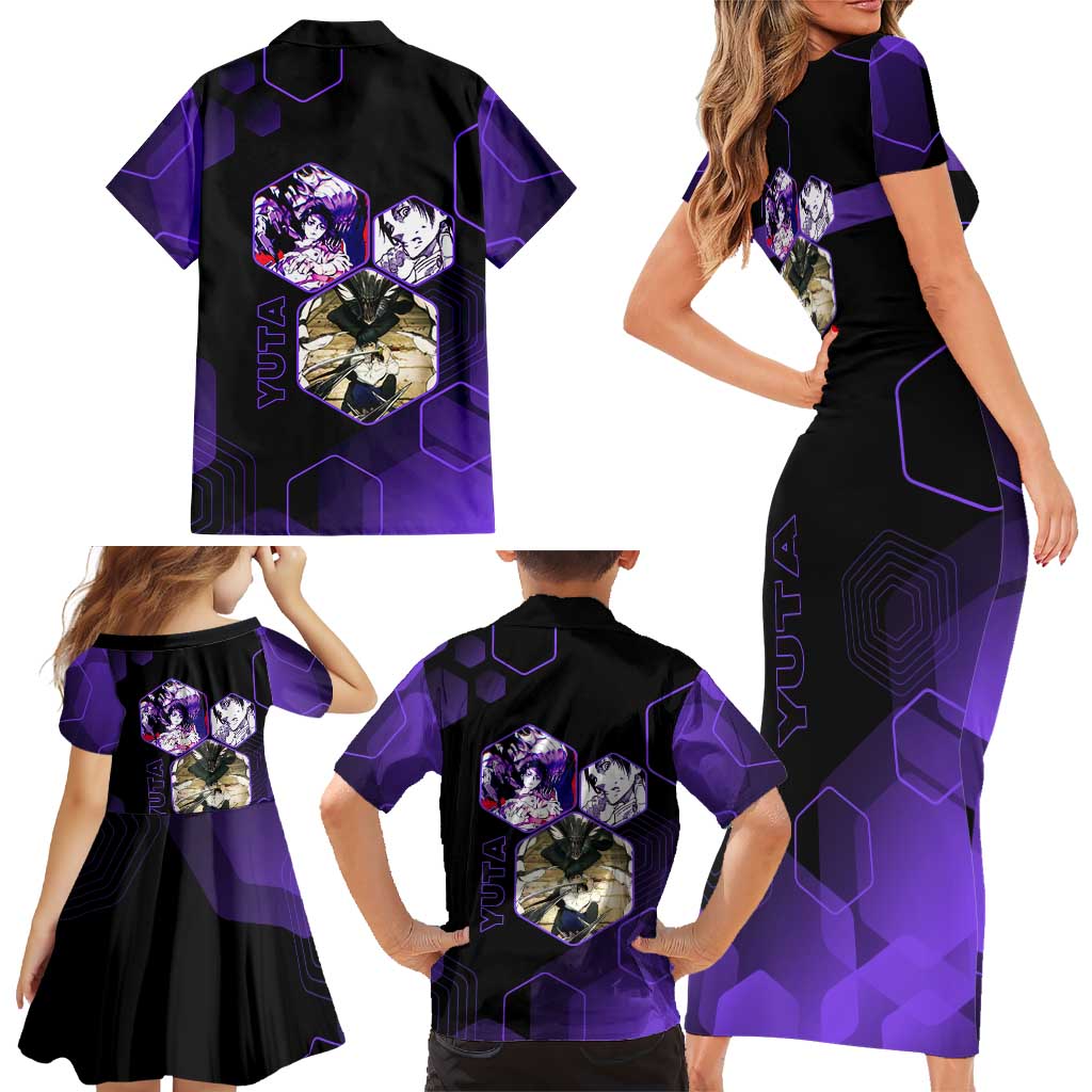 Yuta Okkotsu Jujutsu Kaisen Family Matching Short Sleeve Bodycon Dress and Hawaiian Shirt Purple Hexagon Design