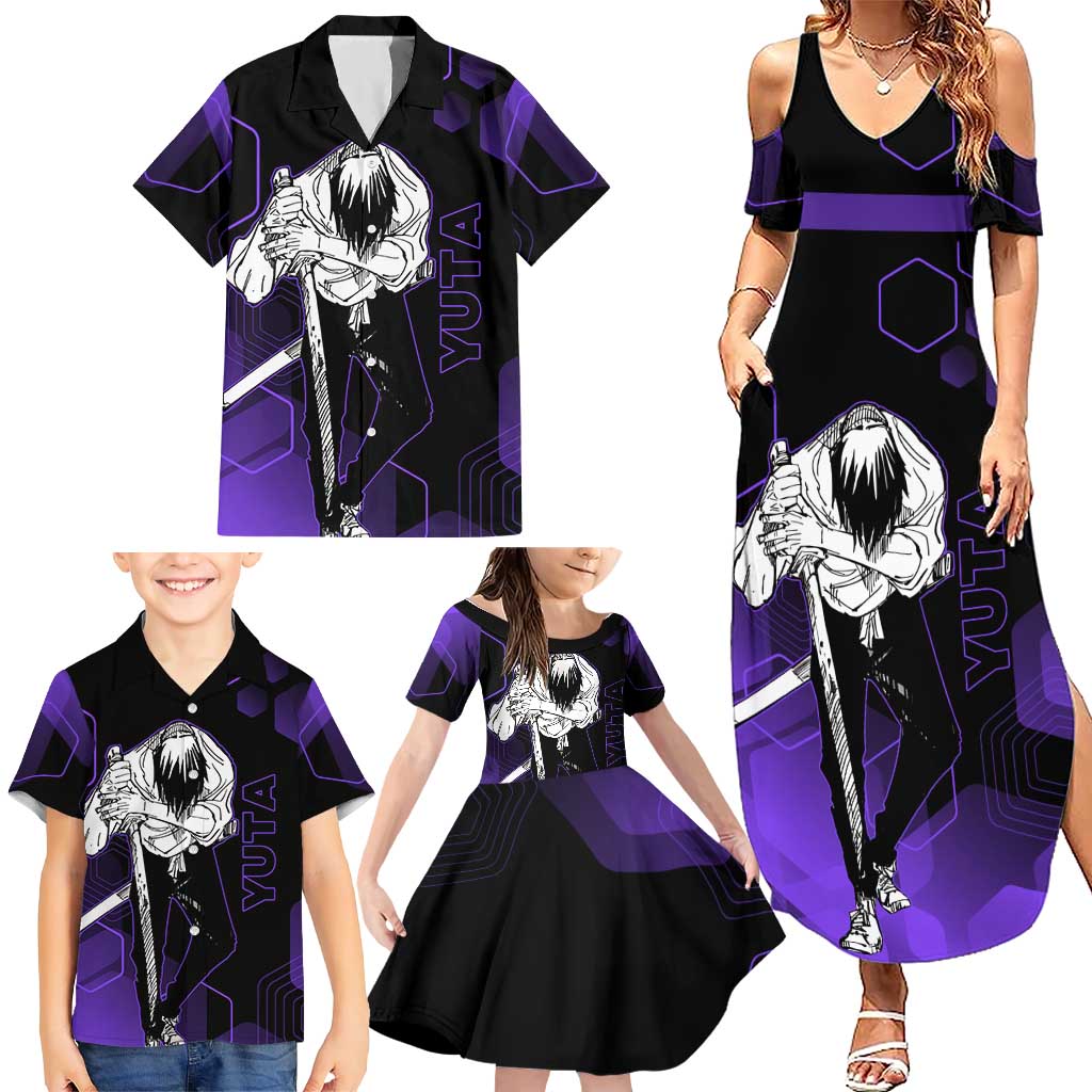 Yuta Okkotsu Jujutsu Kaisen Family Matching Summer Maxi Dress and Hawaiian Shirt Purple Hexagon Design