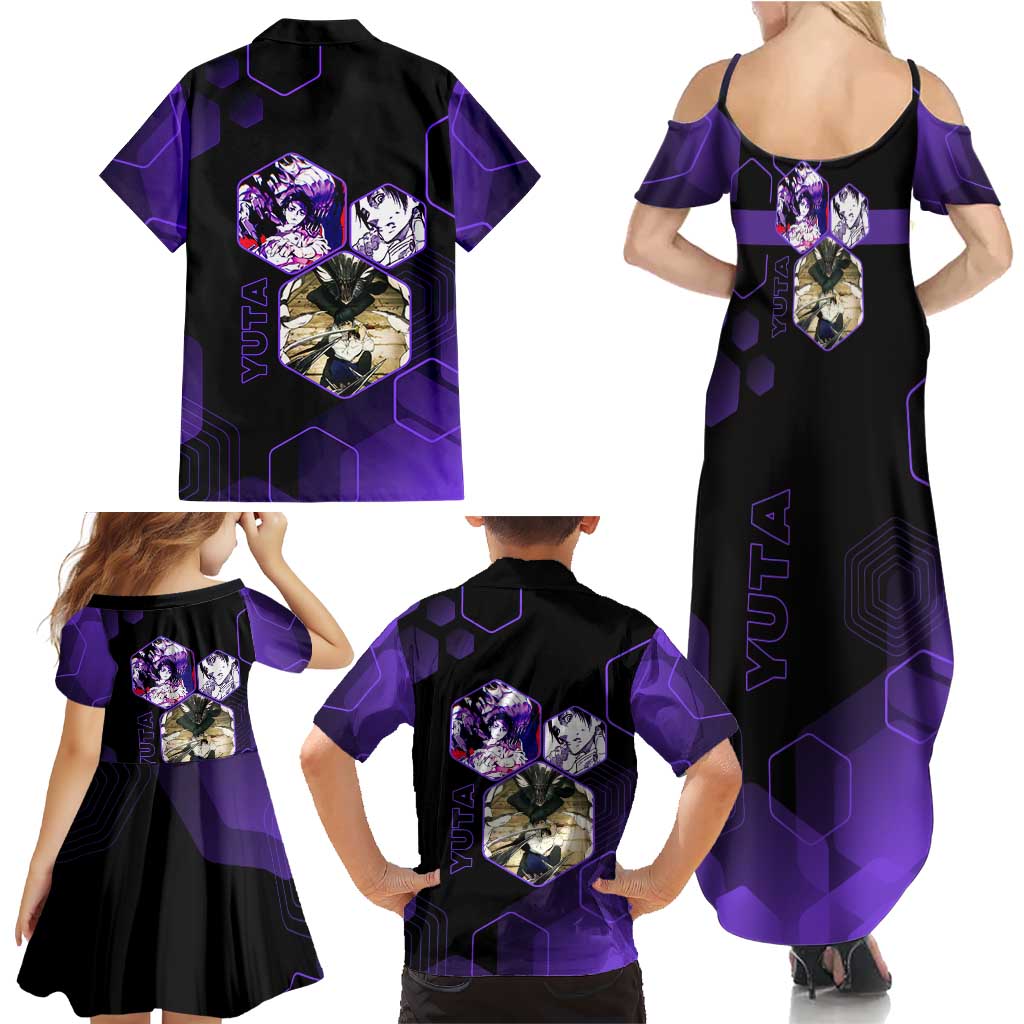 Yuta Okkotsu Jujutsu Kaisen Family Matching Summer Maxi Dress and Hawaiian Shirt Purple Hexagon Design