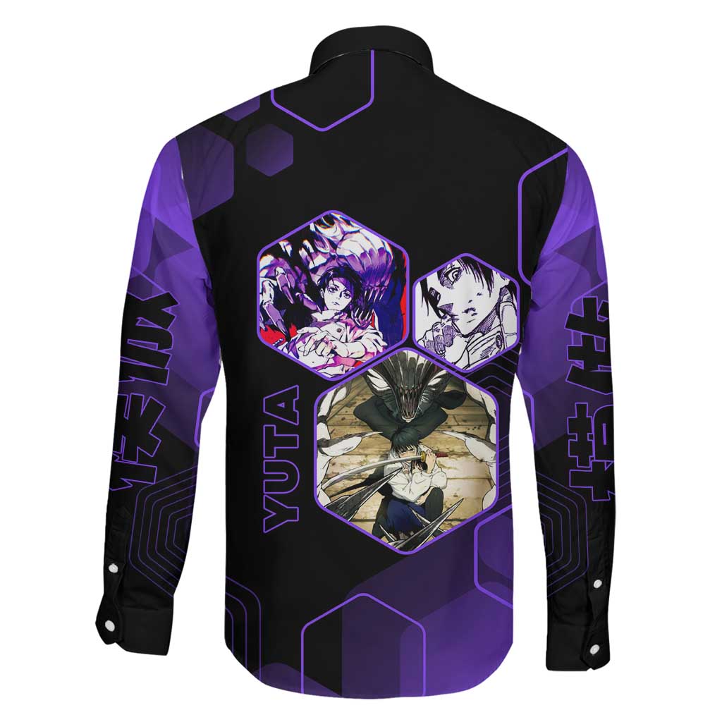 Yuta Okkotsu Jujutsu Kaisen Family Matching Summer Maxi Dress and Hawaiian Shirt Purple Hexagon Design