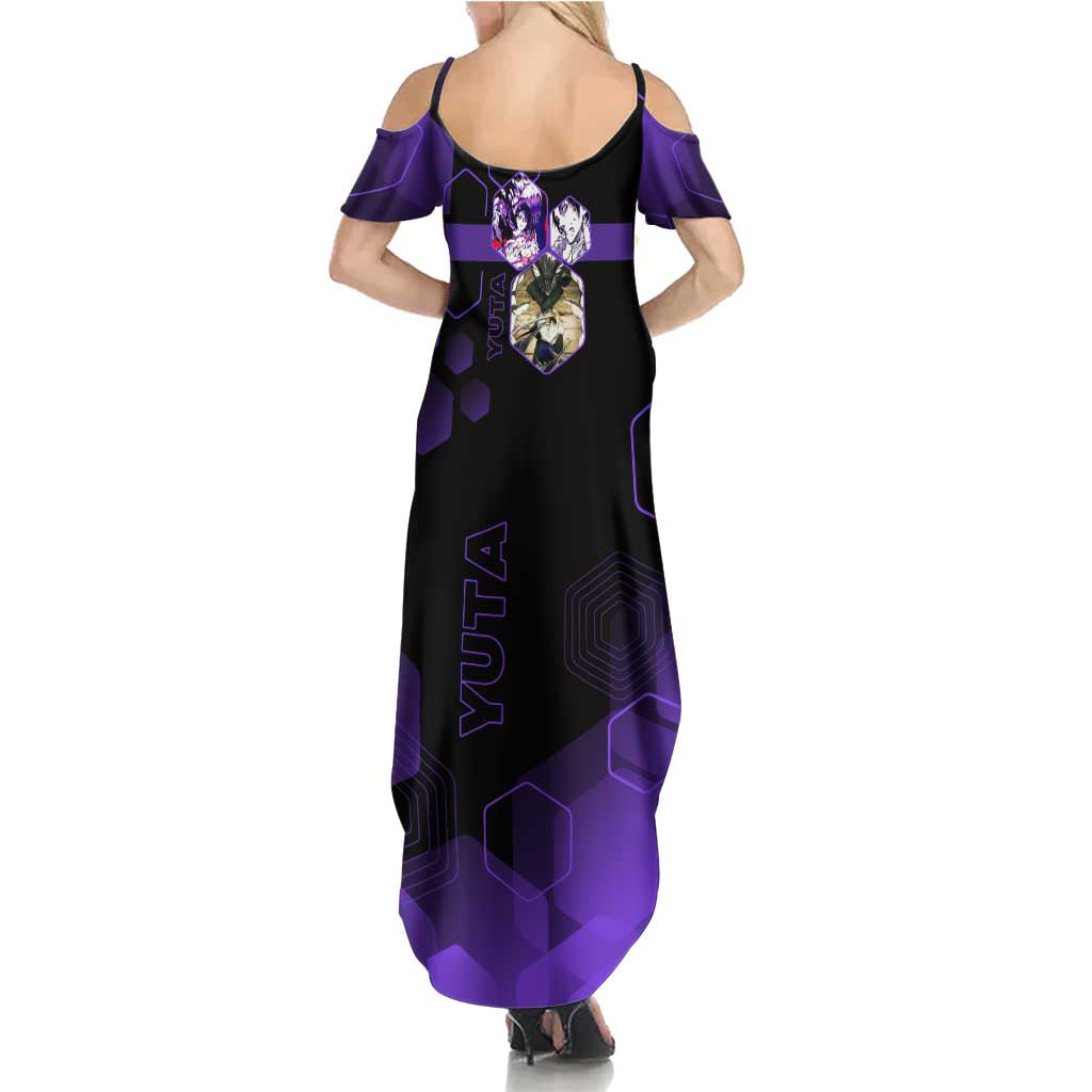 Yuta Okkotsu Jujutsu Kaisen Family Matching Summer Maxi Dress and Hawaiian Shirt Purple Hexagon Design
