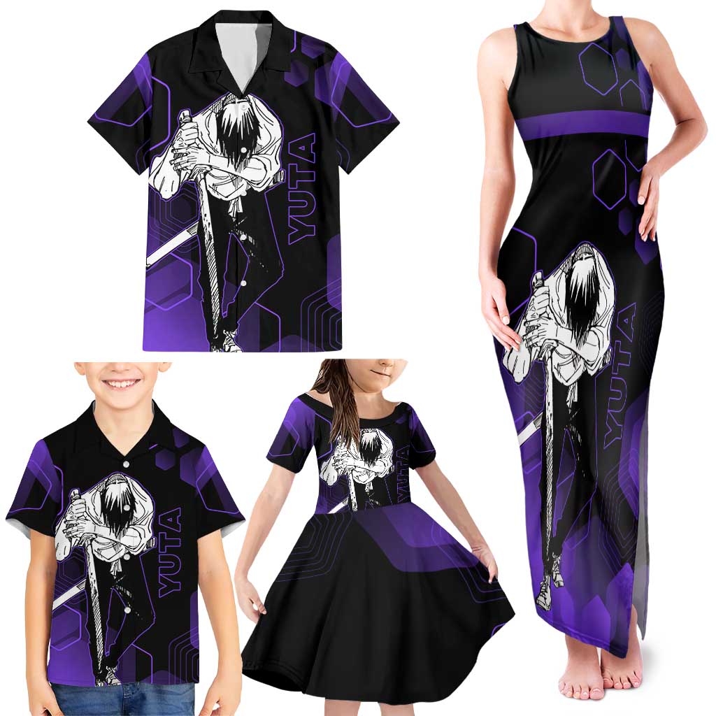 Yuta Okkotsu Jujutsu Kaisen Family Matching Tank Maxi Dress and Hawaiian Shirt Purple Hexagon Design