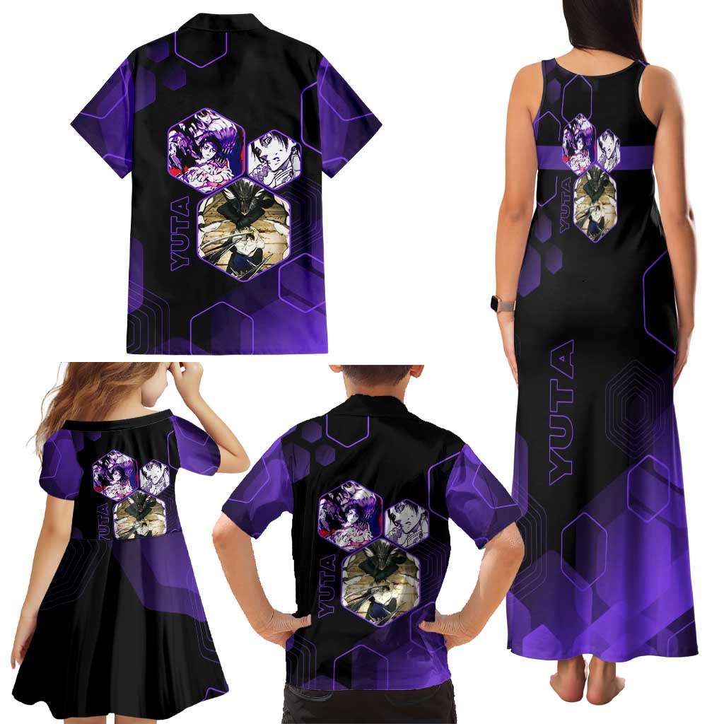 Yuta Okkotsu Jujutsu Kaisen Family Matching Tank Maxi Dress and Hawaiian Shirt Purple Hexagon Design