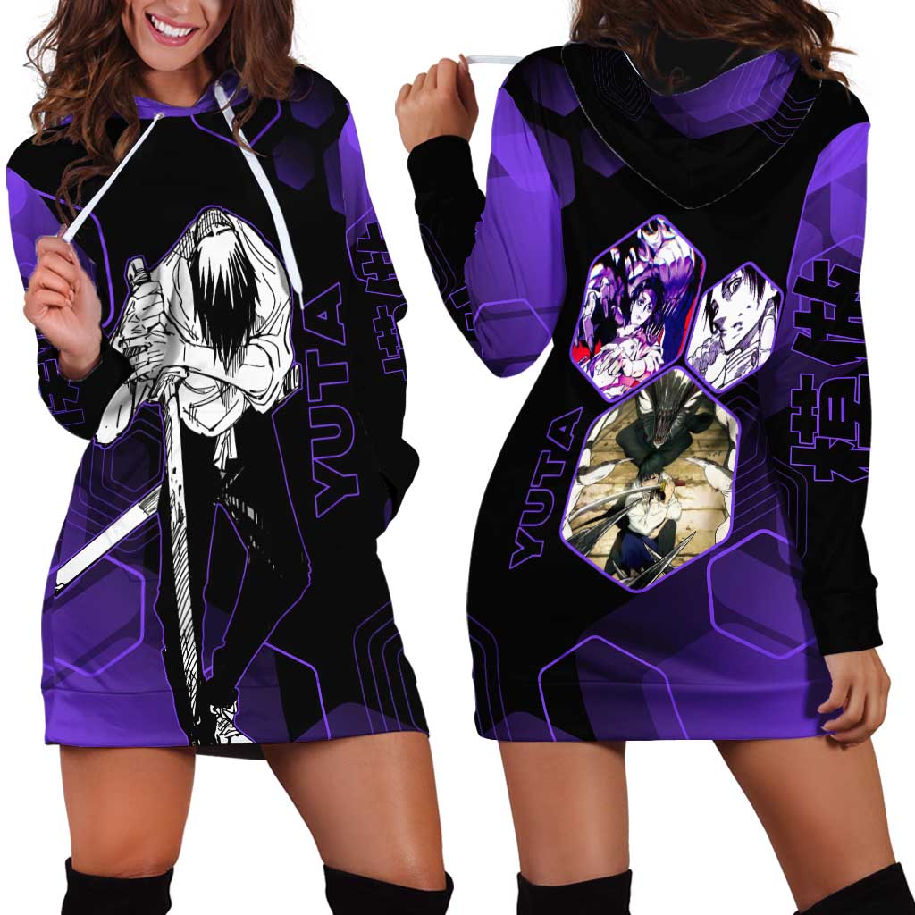 Yuta Okkotsu Jujutsu Kaisen Hoodie Dress Purple Hexagon Design - The Mazicc