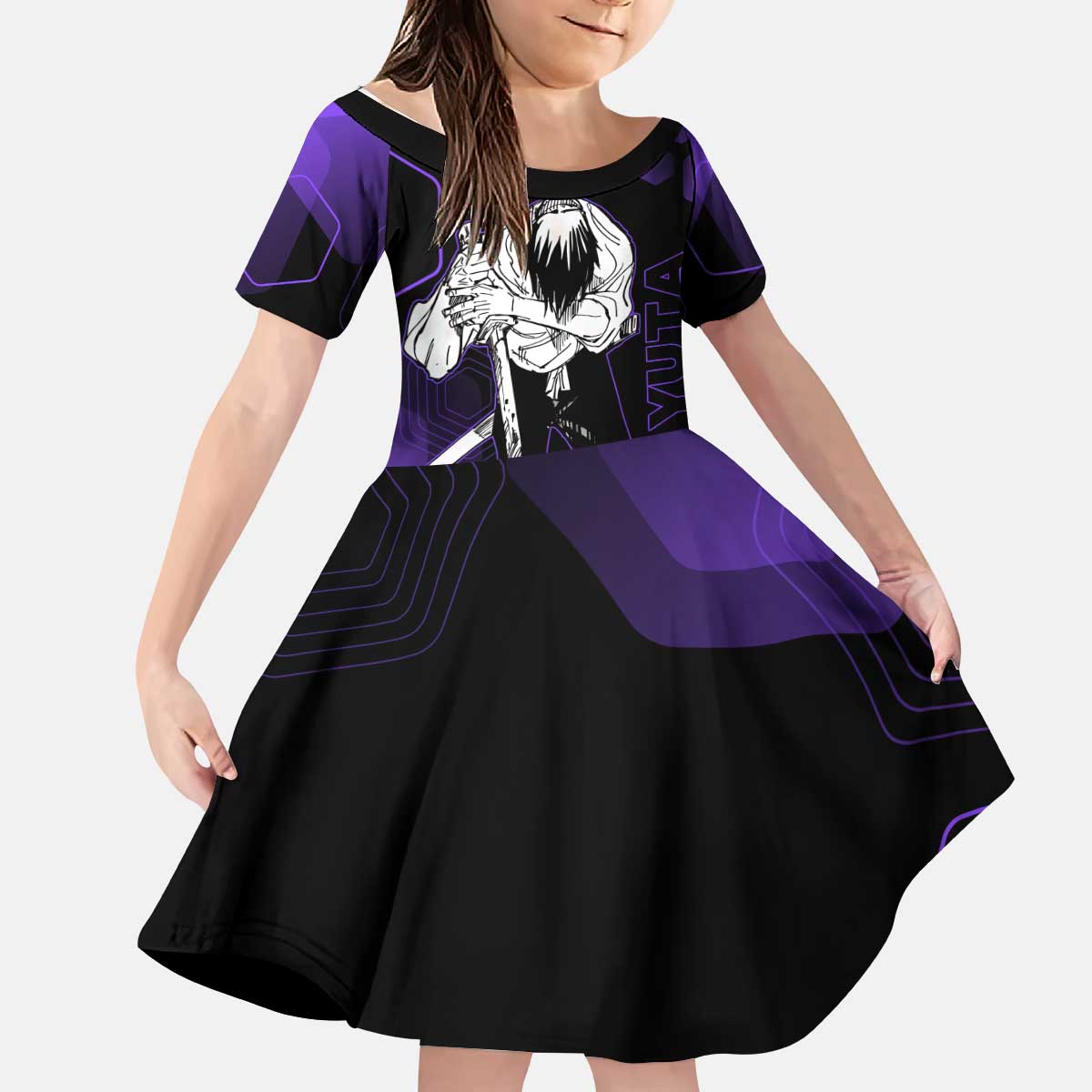Yuta Okkotsu Jujutsu Kaisen Kid Short Sleeve Dress Purple Hexagon Design - The Mazicc