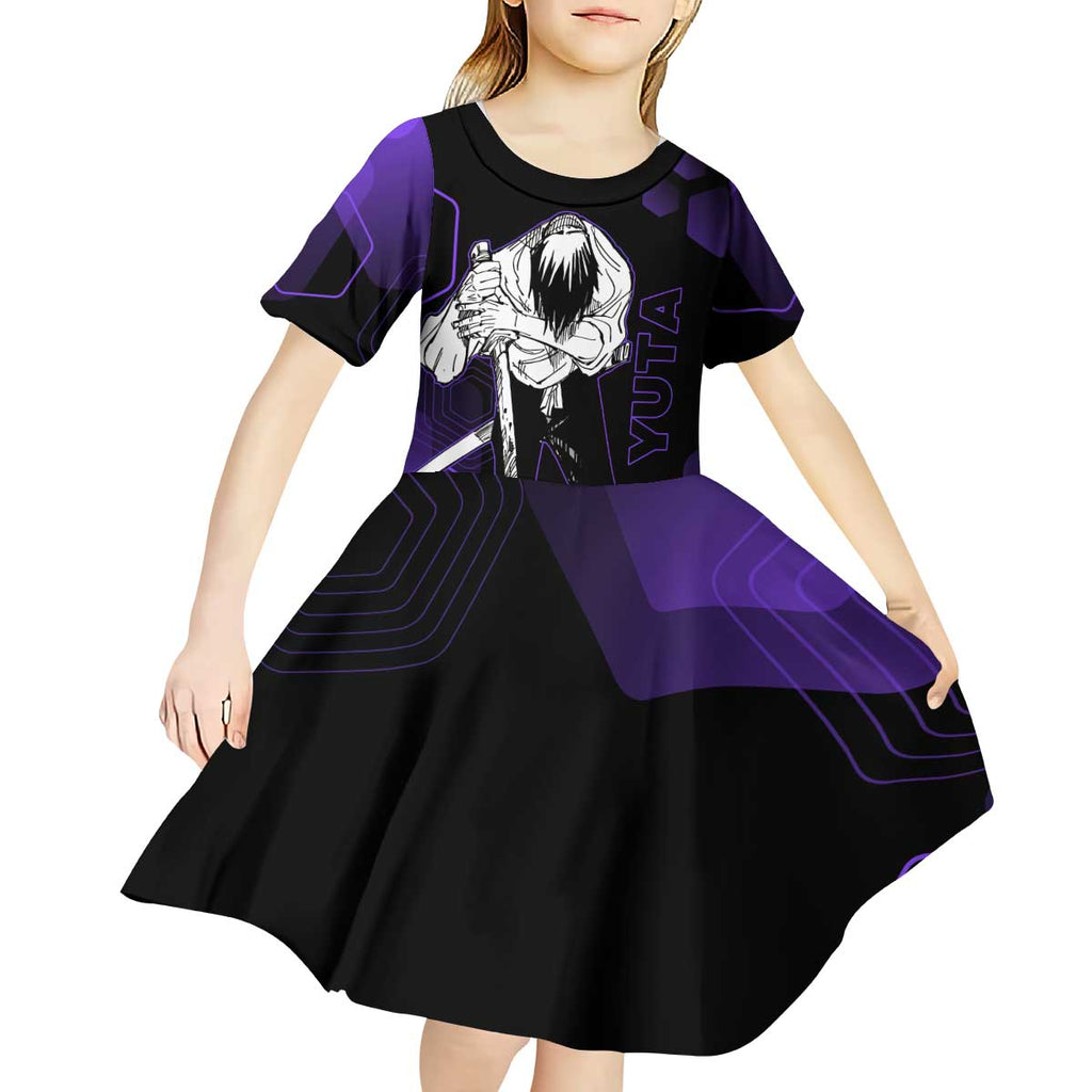 Yuta Okkotsu Jujutsu Kaisen Kid Short Sleeve Dress Purple Hexagon Design - The Mazicc