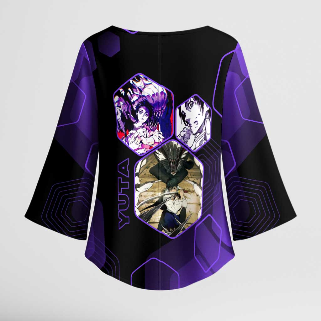 Yuta Okkotsu Jujutsu Kaisen Kimono Sleeve Blouse Purple Hexagon Design - The Mazicc