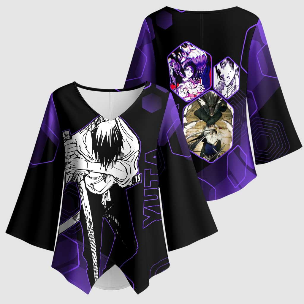 Yuta Okkotsu Jujutsu Kaisen Kimono Sleeve Blouse Purple Hexagon Design - The Mazicc