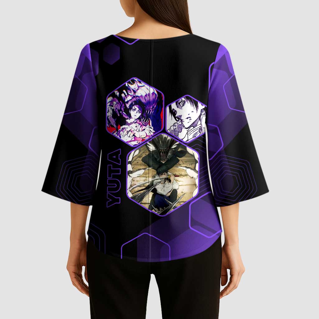 Yuta Okkotsu Jujutsu Kaisen Kimono Sleeve Blouse Purple Hexagon Design - The Mazicc