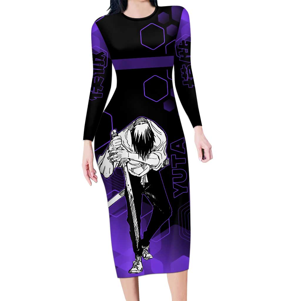 Yuta Okkotsu Jujutsu Kaisen Long Sleeve Bodycon Dress Purple Hexagon Design - The Mazicc
