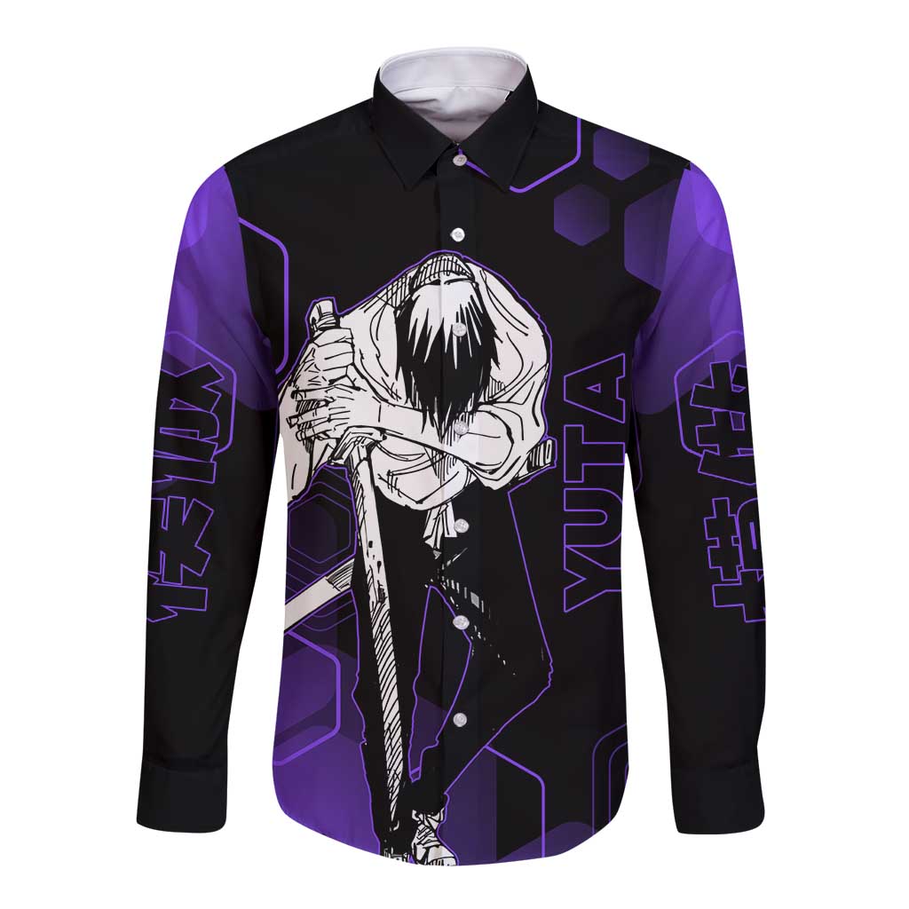 Yuta Okkotsu Jujutsu Kaisen Long Sleeve Button Shirt Purple Hexagon Design - The Mazicc